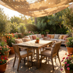 Terrasse en bois aménagée avec salon de jardin et plantes vertes pour un espace détente extérieur chaleureux
