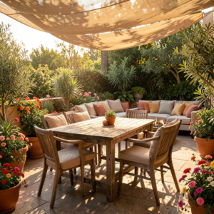 Terrasse en bois aménagée avec salon de jardin et plantes vertes pour un espace détente extérieur chaleureux
