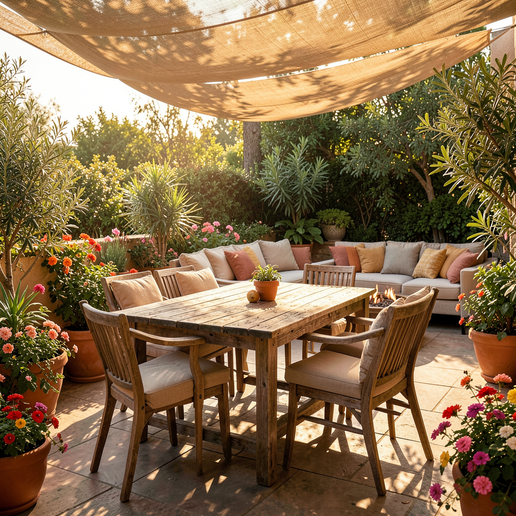 Terrasse en bois aménagée avec salon de jardin et plantes vertes pour un espace détente extérieur chaleureux