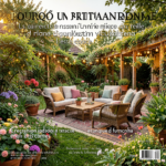 Petit jardin aménagé avec une pergola moderne, un salon de jardin compact et des plantes grimpantes sur terrasse en bois.