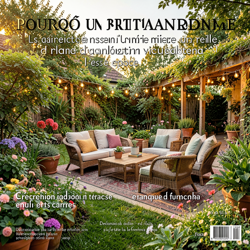 Petit jardin aménagé avec une pergola moderne, un salon de jardin compact et des plantes grimpantes sur terrasse en bois.