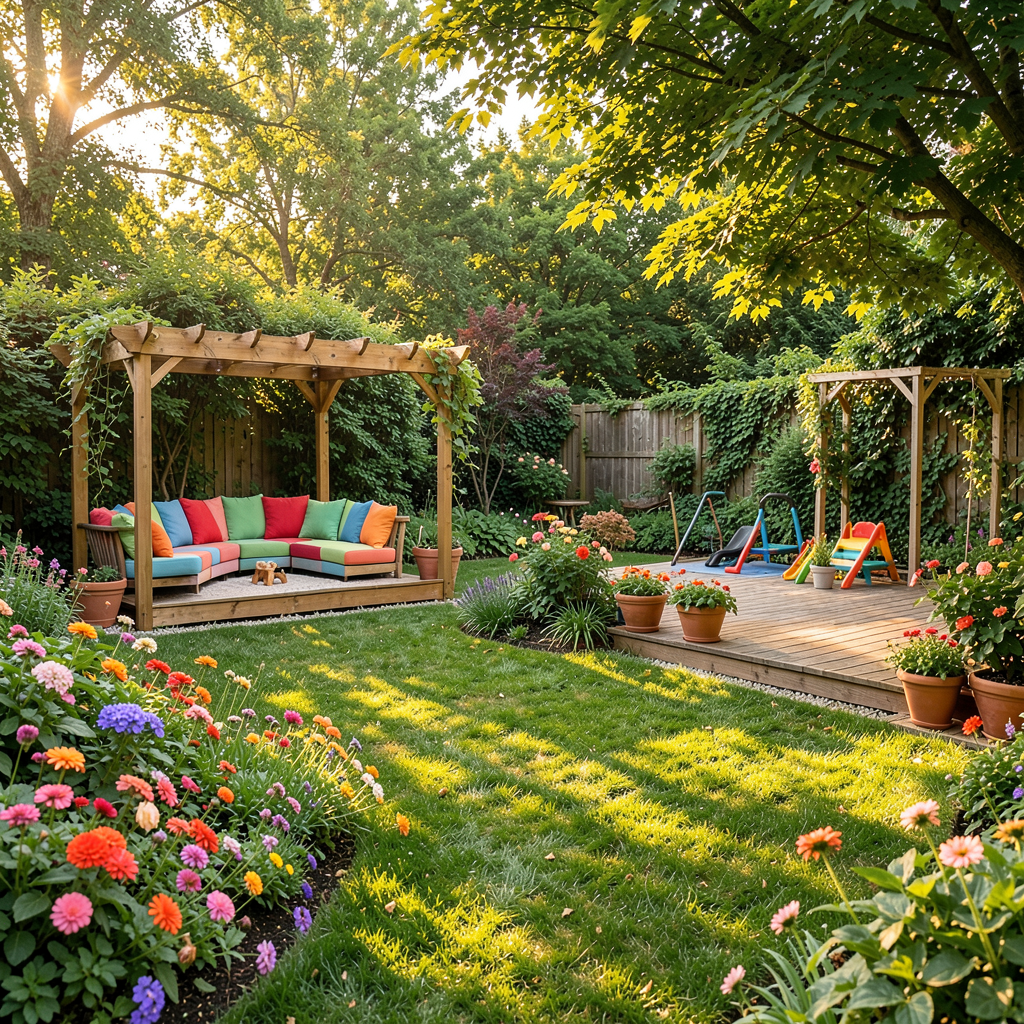 Arrière-cour familiale aménagée avec une terrasse pergola, mobilier de jardin et plantes vertes