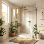 Salle de bain moderne avec douche à l'italienne en carrelage béton et paroi vitrée, inspiration rénovation salle de bain.