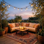 Terrasse bohème chic avec guirlandes lumineuses, coussins colorés et mobilier en rotin au coucher du soleil