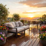 Terrasse moderne aménagée avec salon de jardin en bois et plantes vertes sur fond de ciel bleu