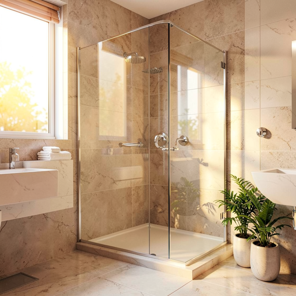 Cabine de douche d'angle en verre transparent dans une salle de bain moderne et lumineuse avec carrelage blanc