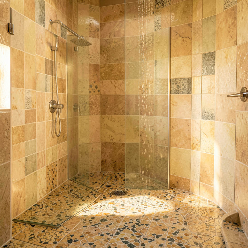 Sol de douche en mosaïque beige aux tons pierre pour un effet spa naturel dans une salle de bain lumineuse
