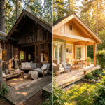 Terrasse en bois surélevée d'un chalet danois rénové, entourée de végétation verte en été.