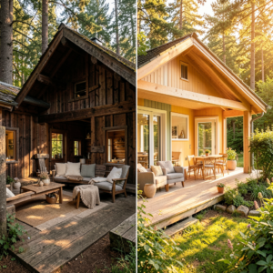 Terrasse en bois surélevée d'un chalet danois rénové, entourée de végétation verte en été.