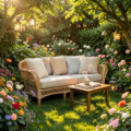 Coin détente jardin cosy avec canapé en palette, coussins colorés et lanternes posées sur une terrasse en bois