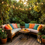 Salon de jardin cocooning en terrasse bois avec guirlandes lumineuses et coussins colorés au coucher du soleil