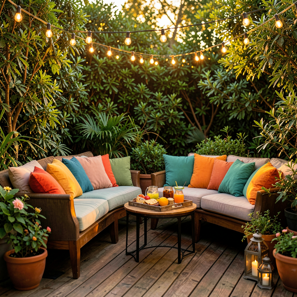 Salon de jardin cocooning en terrasse bois avec guirlandes lumineuses et coussins colorés au coucher du soleil