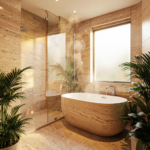 Douche moderne avec carrelage effet travertin beige, robinetterie dorée et ambiance spa épurée