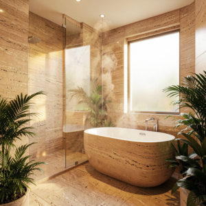 Douche moderne avec carrelage effet travertin beige, robinetterie dorée et ambiance spa épurée