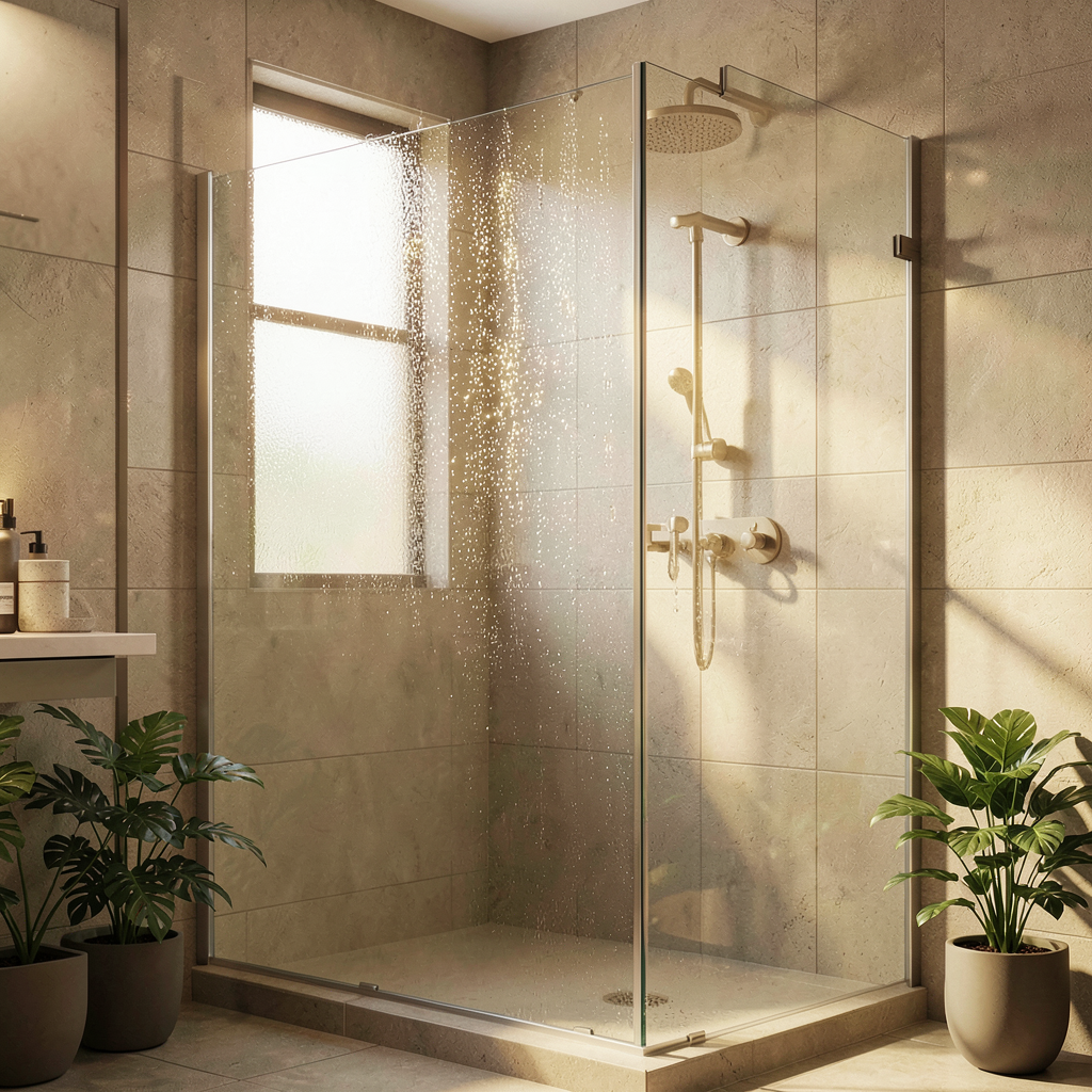 Salle de bain moderne avec une douche en verre transparent et carrelage clair pour une atmosphère lumineuse