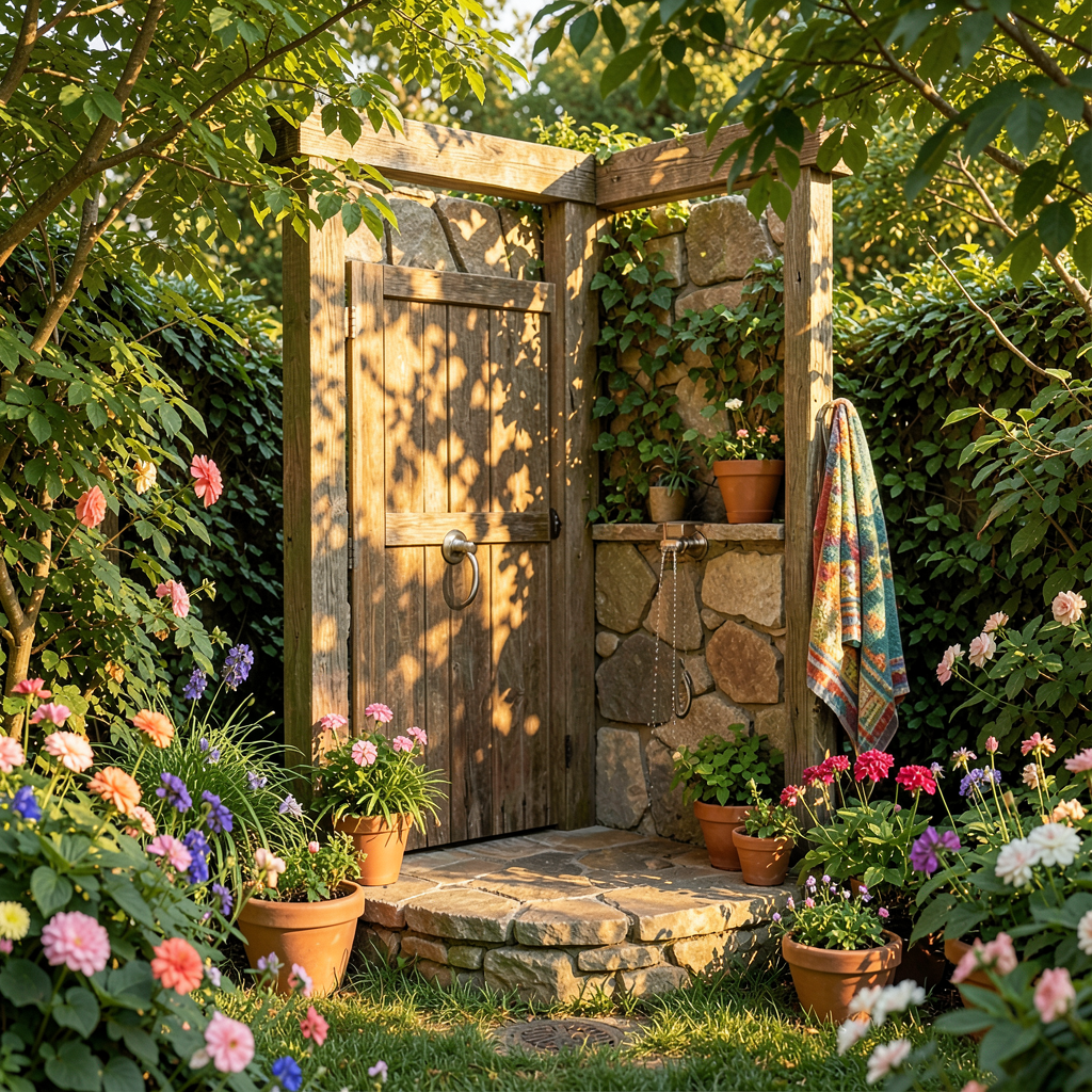 Douche extérieure en bois brut installée dans un jardin verdoyant, idée DIY maison écolo