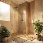 Douche à l'italienne avec lattes en bois naturel dans une salle de bain moderne et chaleureuse