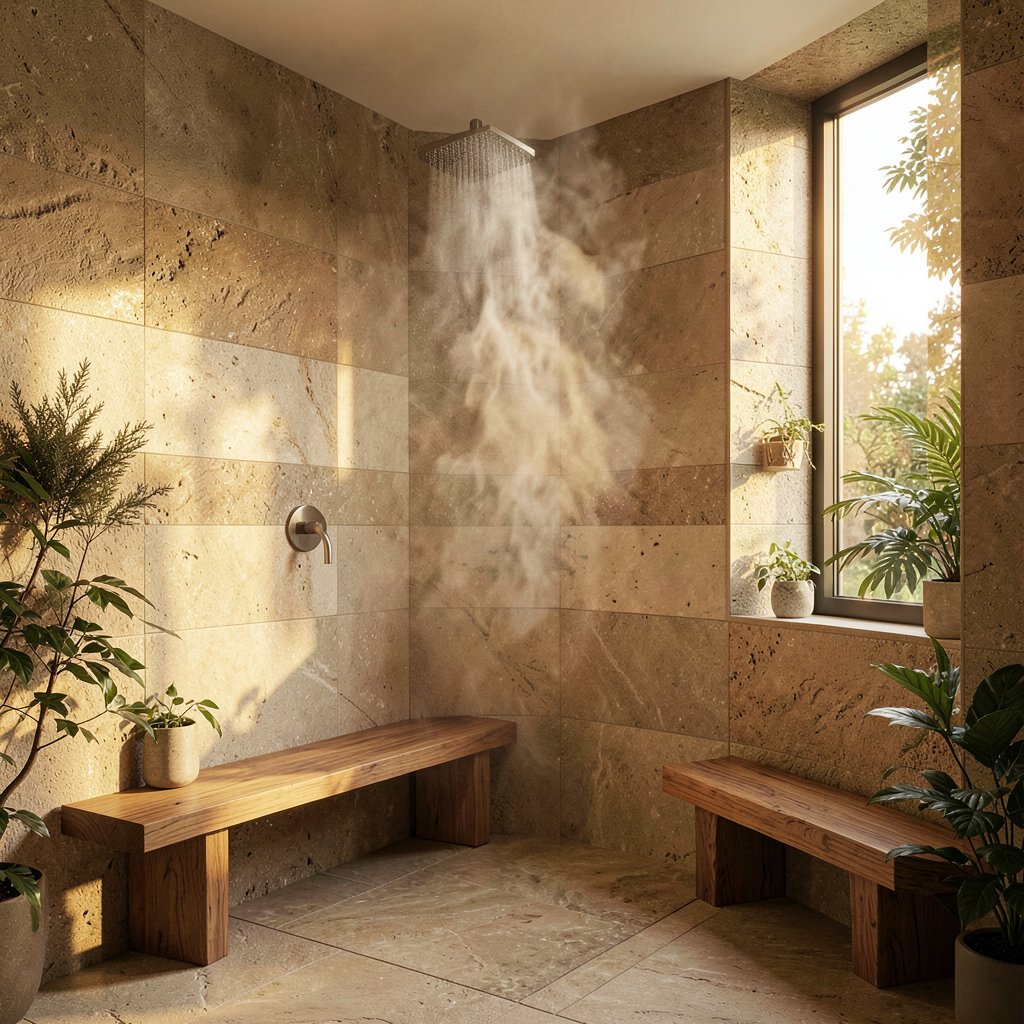 Salle de bain avec douche maçonnée en carrelage zellige et parois en dur, style hammam chaleureux