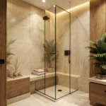 Douche à mi-hauteur moderne avec éclairage tamisé, banc intégré et robinetterie mate noire ambiance spa