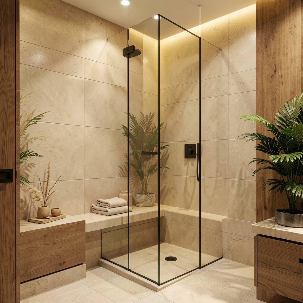 Douche à mi-hauteur moderne avec éclairage tamisé, banc intégré et robinetterie mate noire ambiance spa