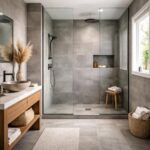 Grande douche à l'italienne avec carrelage gris anthracite et robinetterie noire dans une salle de bain design épurée