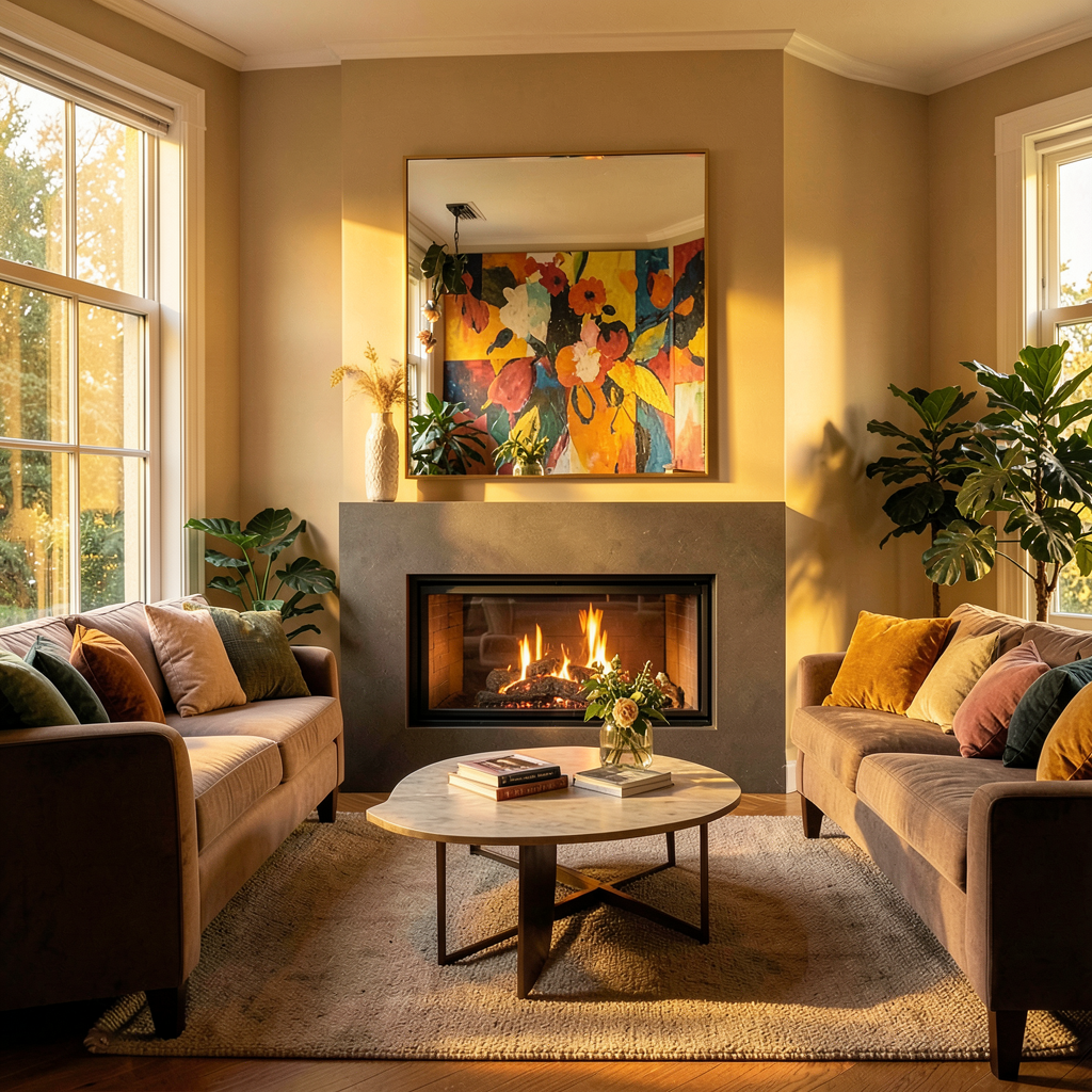 Grand miroir arqué à cadre doré appuyé contre un mur blanc dans un salon décoré avec soin, idée déco miroir