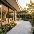 Maison contemporaine avec grande baie vitrée ouvrant sur une terrasse béton et jardin paysager