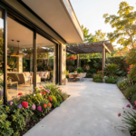 Maison contemporaine avec grande baie vitrée ouvrant sur une terrasse béton et jardin paysager