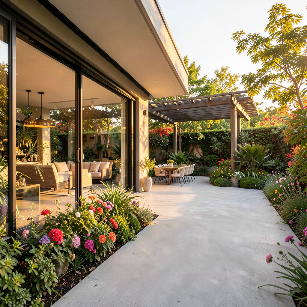 Maison contemporaine avec grande baie vitrée ouvrant sur une terrasse béton et jardin paysager