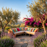 Terrasse méditerranéenne avec dalles en pierre naturelle, pots en terracotta et plantes de lavande sous le soleil