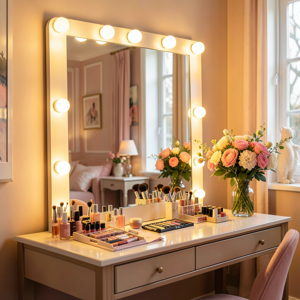 Miroir Hollywood LED blanc avec 18 ampoules lumineuses allumées sur une coiffeuse féminine élégante