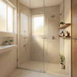 Petite salle de bain minimaliste avec douche à l'italienne, carrelage blanc et robinetterie noire mate