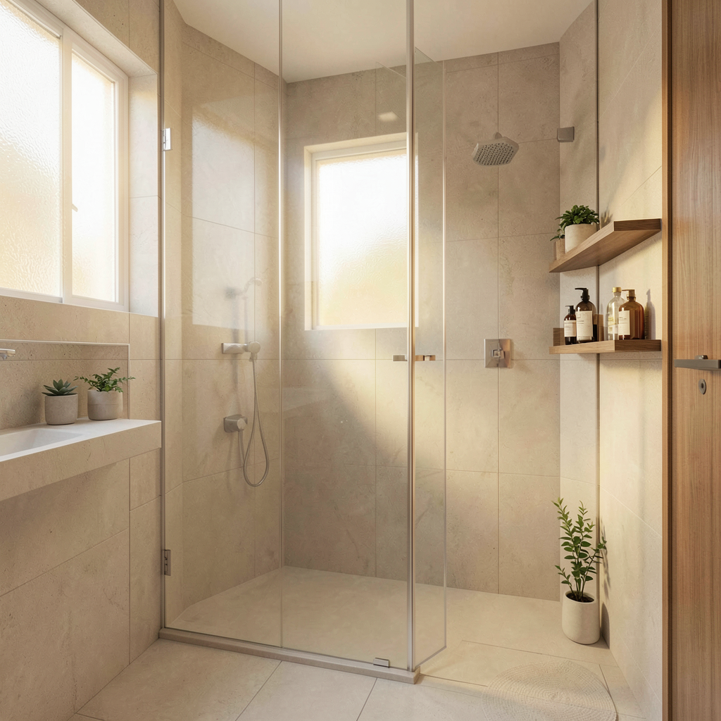 Petite salle de bain minimaliste avec douche à l'italienne, carrelage blanc et robinetterie noire mate