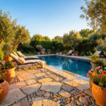 Terrasse extérieure en dallage pierre naturelle calcaire beige autour d'une piscine avec margelles brossées