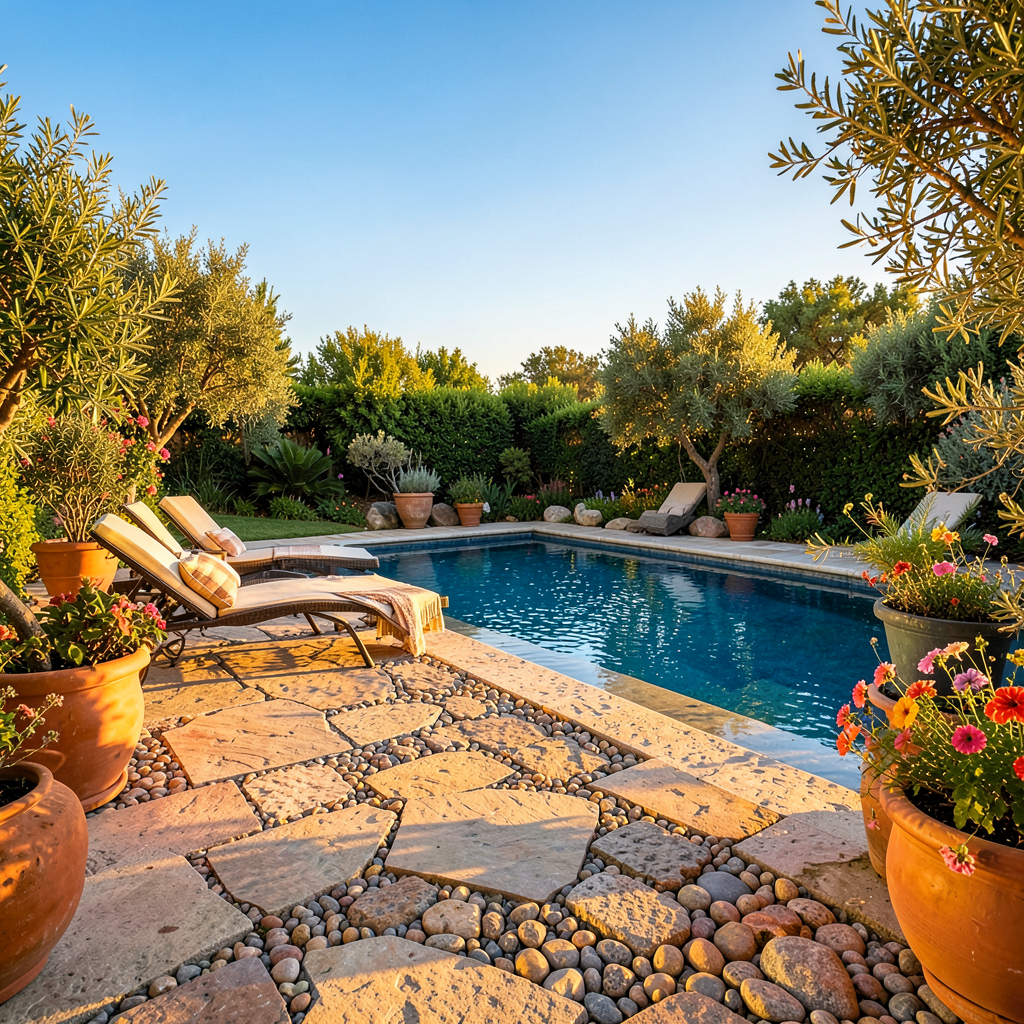 Terrasse extérieure en dallage pierre naturelle calcaire beige autour d'une piscine avec margelles brossées