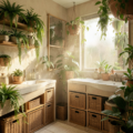 Salle de bain jungle avec plantes tropicales suspendues et caddie en bambou près de la douche