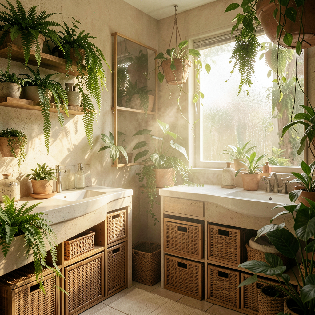 Salle de bain jungle avec plantes tropicales suspendues et caddie en bambou près de la douche