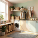Buanderie rangée avec paniers à linge en osier sur étagères en bois clair et mur blanc épuré