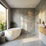 Salle de bain wet room avec sol en béton ciré gris, douche ouverte et robinetterie noire mat