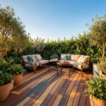 Terrasse en bois bicolore avec plancher brun tabac et garde-corps gris clair, idée lasure tendance pour patio.