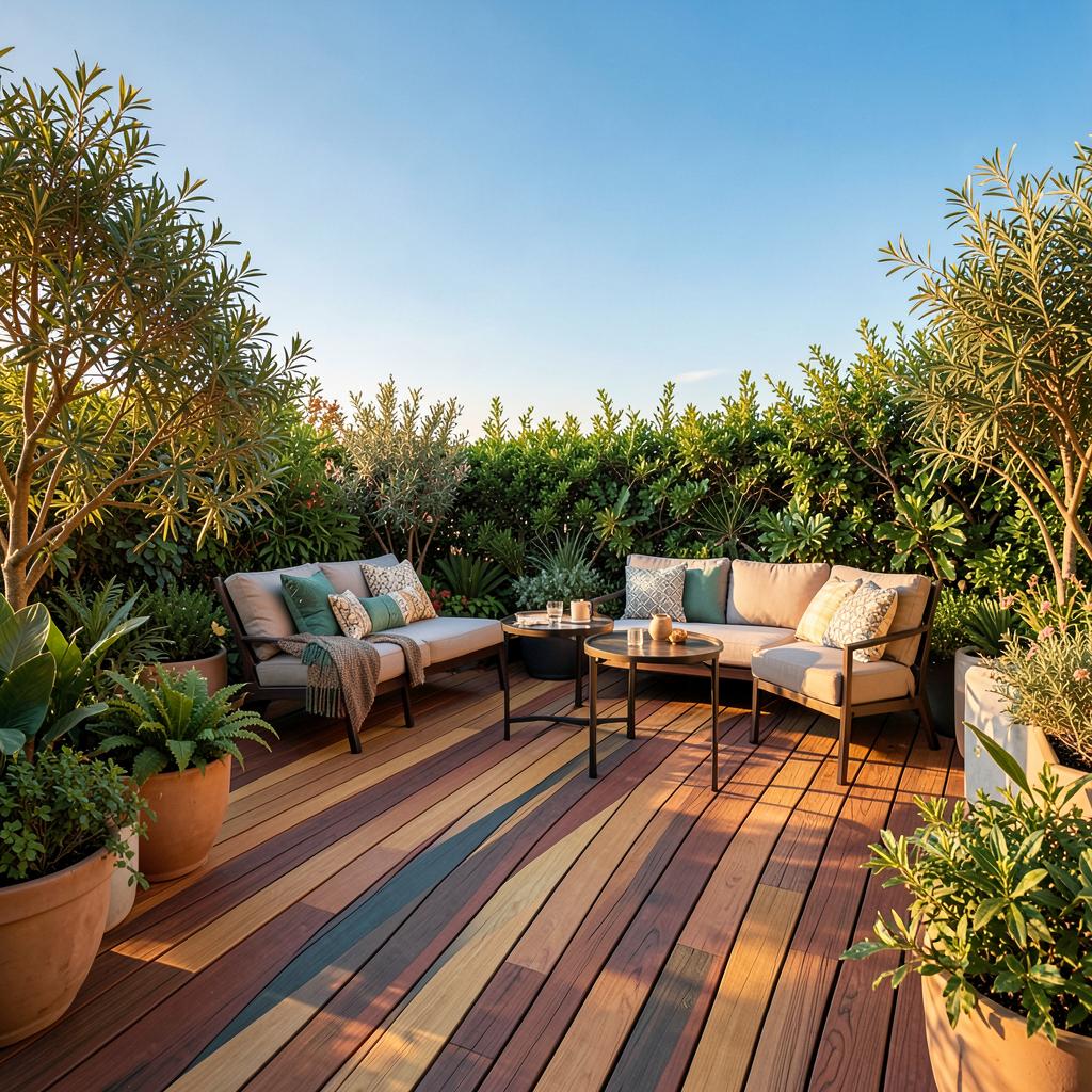 Terrasse en bois bicolore avec plancher brun tabac et garde-corps gris clair, idée lasure tendance pour patio.