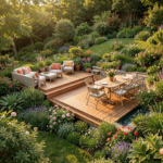 Terrasse multi-niveaux en bois dans un jardin en pente avec salon lounge et coin repas extérieur