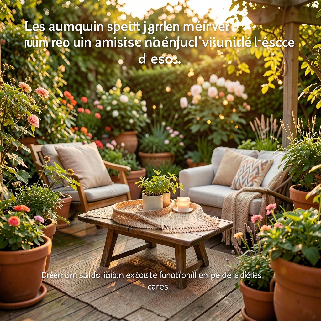 Terrasse extérieure optimisée avec un coin détente cosy, tapis outdoor et éclairage guirlandes pour un jardin de poche.