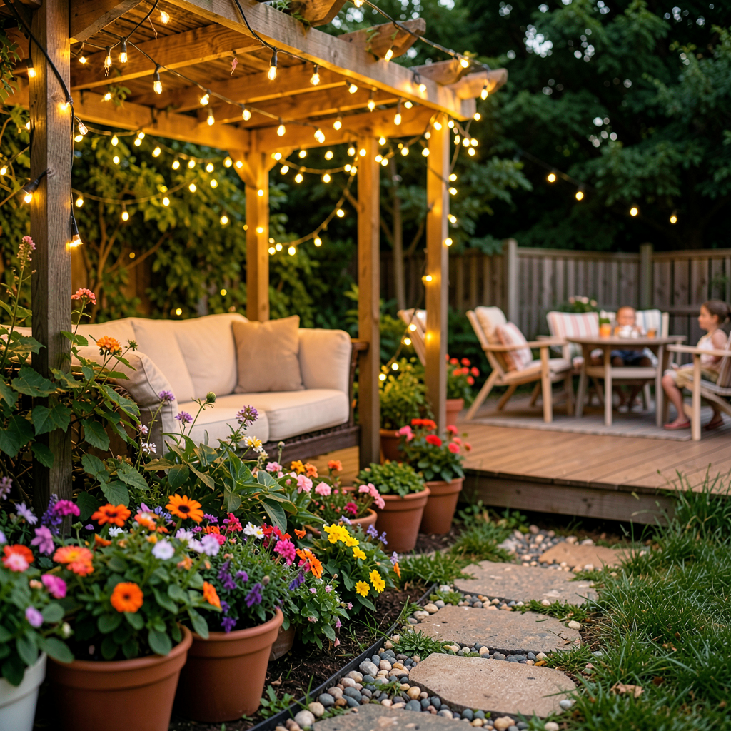 Coin détente extérieur avec objets de décoration jardin et végétation dans une arrière-cour organisée
