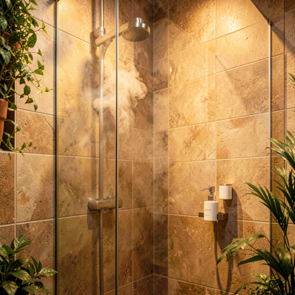 Petite salle de bain rénovée avec douche ouverte et carrelage graphique, idée déco salle de bain pour petit espace.
