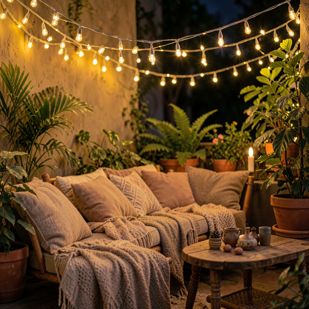 Coin salon de jardin style bohème avec plantes suspendues, tapis jute et guirlande lumineuse
