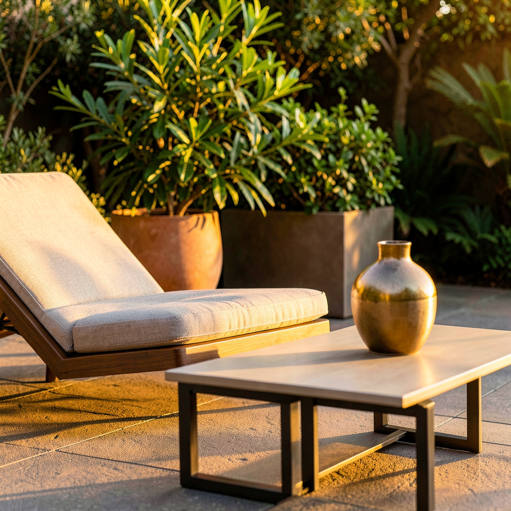 Patio extérieur élégant avec mobilier en aluminium, tapis outdoor et éclairage doux en soirée