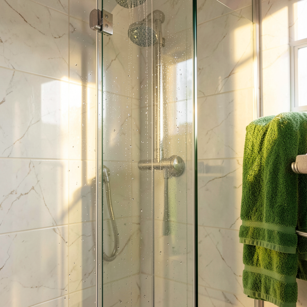 Vue de face d'une douche d'angle en verre clair avec profils chromés dans une salle de bain design