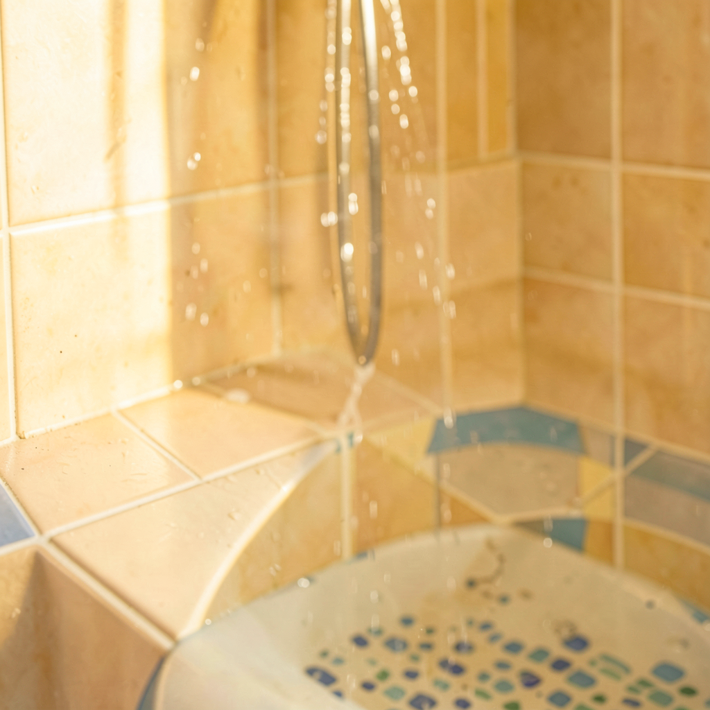 Carrelage sol de douche en grand format gris mat avec joint blanc dans une salle de bain moderne