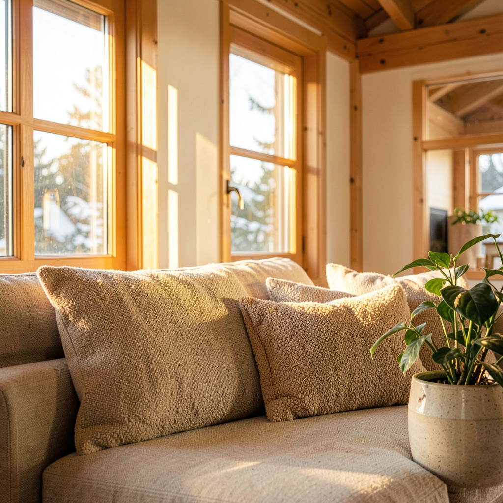 Intérieur lumineux d'un chalet rénové avec lambris blancs et parquet naturel traité, style scandinave.
